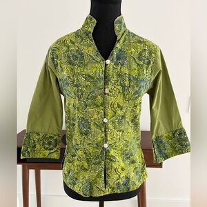 MAGGIE WALT Green Batik 100% Cotton Blouse 3/4 Cuff Sleeves Shell Buttons Boho